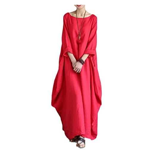Hinewsa abito da donna in lino di cotone abiti eleganti plus size manica lunga o collo maxi abito caftano, rosso, xxxl
