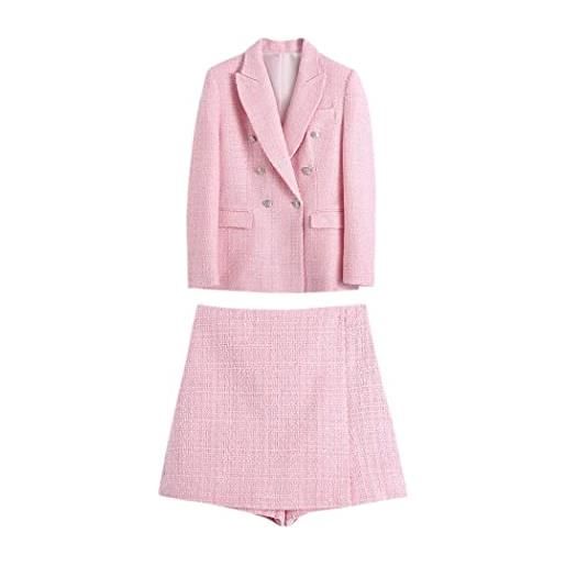 Haitpant donne rosa tweed vintage ufficio signora doppio petto blazer set femminile sottile vita alta culottes gonna vestito, set, l