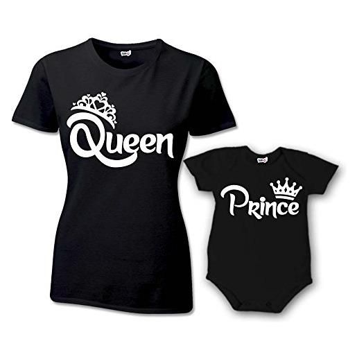 Babloo coppia t-shirt e bodino donna bambino festa della mamma queen and prince princess con corona t-shirt nere queen e princess donna m - bimbo 3 mesi