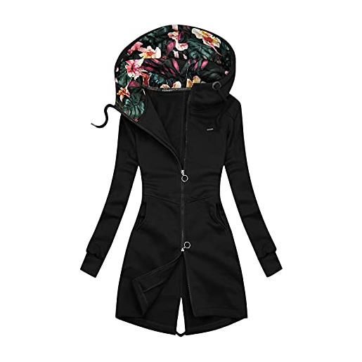 Generic cappotto primaverile da donna con stampa casuale con cappuccio tinta unita collo alto con chiusura lampo, giacca cappotto rosa, nero , xl