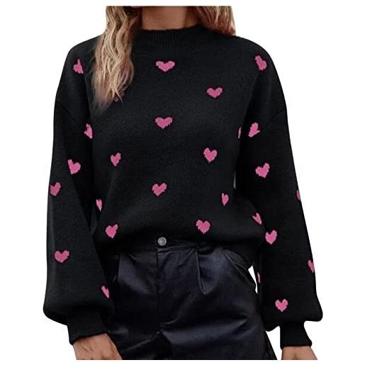 IKFIVQD maglione donna ragazza autunno primavera vintage cuore modello maglione maglia morbido pile pullover top (>>+ b-black, s)