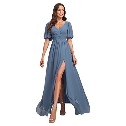 Ever-Pretty vestito da sera lungo donna plissettato con spacco maniche corte doppio scollo a v elegante abiti da sera denim blu 44