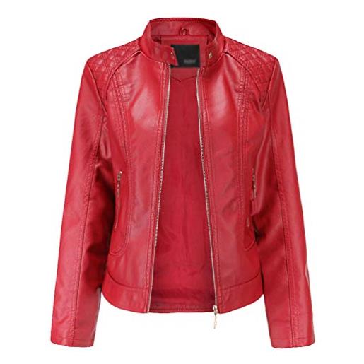 Zhiyuanan giacca ecopelle donna pu slim fit plus size collo alto primavera autunno manica lunga elegante giubbino corto giubbotti biker con cerniera rosso 4xl