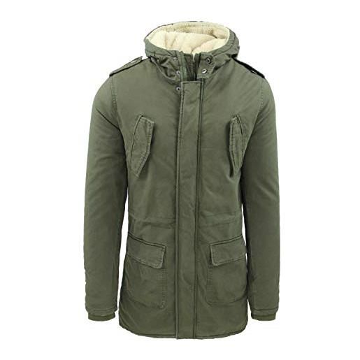 Evoga cappotto parka uomo invernale giacca trench eskimo con pelliccia interna (l, verde con maniche in pelle)