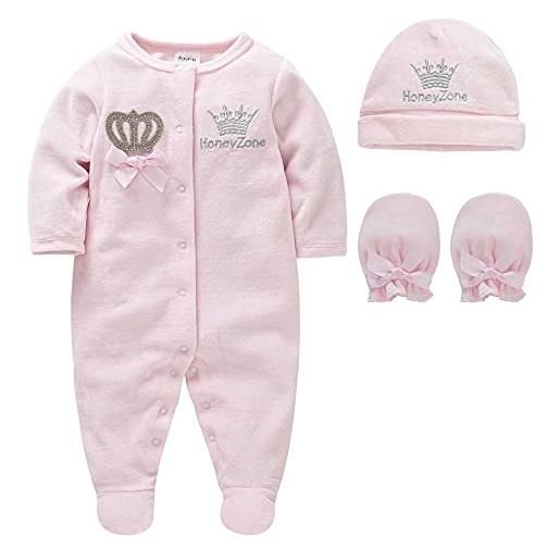 Brillabenny set 3 pezzi tutina cappello guanti neonato bambina principessa bimba corona royal baby velluto corredino nascita ciniglia (rosa, 3-6 mesi)