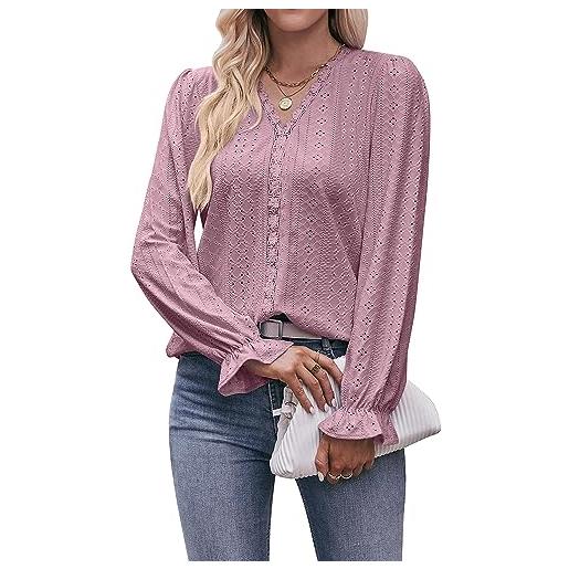 Coloody blusa da donna camicetta estiva con scollo a v tops pizzo manica corta t-shirt-rosa-xl
