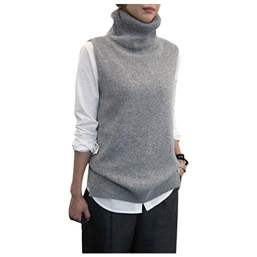Hinewsa maglia a collo alto gilet allentato confortevole cashmere maglione senza maniche maglione delle donne pullover, grigio, s