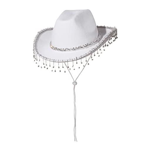 Freebily cappello da cowboy e cowgirl da donna cappelli con frange di diamanti stile australiano per sposa feste di compleanno western cappello a tesa larga con coulisse bianco a taglia unica