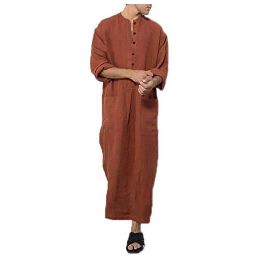 oneforus abito musulmano da uomo, abito casual etnico musulmano thobe in lino kaftano arabo saudita con tasche