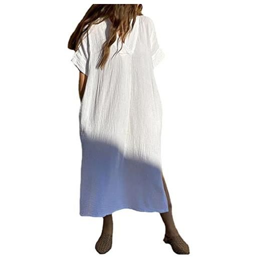 Qiyun.z abiti da caftano da spiaggia allentati da donna a maniche corte, caftano lungo, copricostume bianco, taglia unica