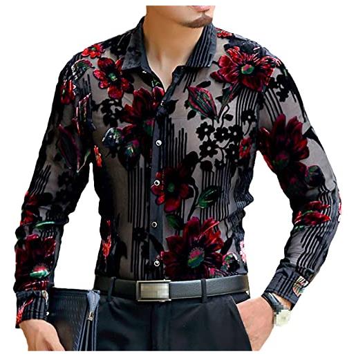 Hinewsa uomini club party prom shirt manica corta camicia fiore trasparente velluto camicia uomo vedere attraverso pizzo camicia, lungo. , s