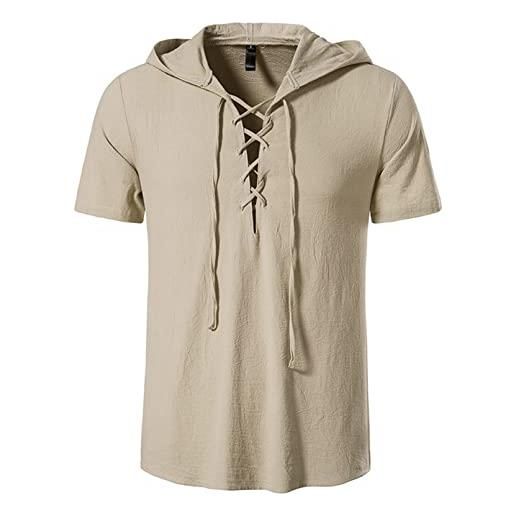 Idopy maglia da uomo retrò con lacci punk rinascimentale medievale top pullover henley camicia con cappuccio, bianco, l