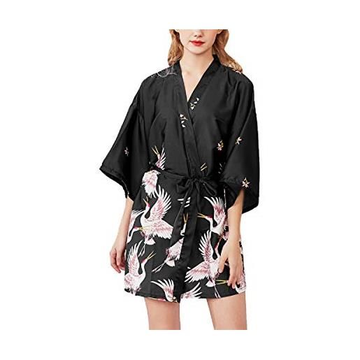 Asskyus kimono abito da notte in raso da donna, accappatoio corto per donna (xl, nero)