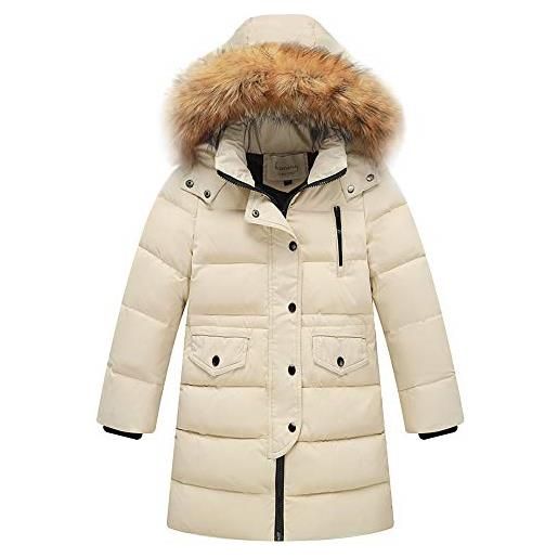amropi bambini ragazzi inverno piumino imbottito lungo cappotto con pelliccia cappuccio (beige, 7-8 anni, 130)