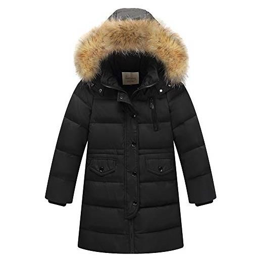 amropi bambini ragazzi inverno piumino imbottito lungo cappotto con pelliccia cappuccio (nero, 10-11 anni, 150)