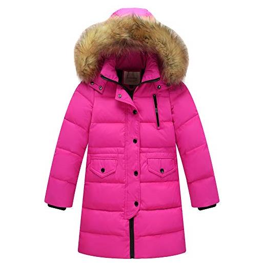 amropi bambini ragazzi inverno piumino imbottito lungo cappotto con pelliccia cappuccio (rosa rosso, 7-8 anni, 130)