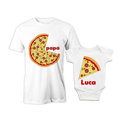 Puzzletee coppia tshirt uomo body neonato con nome - pizza [ personalizza nome figlio ] - love pizza - fetta pizza - coppia maglietta body - festa del papà - idea regalo famiglia