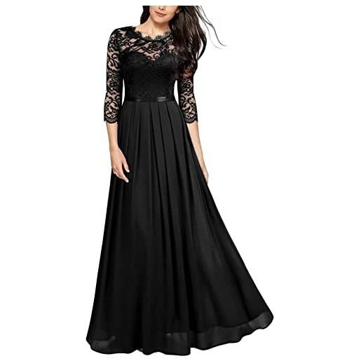 MISSMAO vestito da cerimonia donna stile impero linea ad a scollo rotondo 3/4 maniche abito da cerimonia in chiffon pizzo lungo abito da damigella vestito lungo elegante da festa party, nero, s