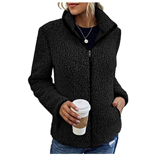 shownicer donna giacca con cerniera integrale in pile manica lunga casuale giacca tinta unita caldo cappotto con tasche autunno invernali a nero xl
