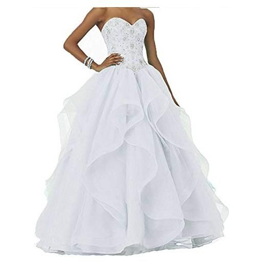 Vantexi abito da donna con perle glitterate lungo da ballo, abito da sposa con volant in organza, abiti da ballo, bianco, 48