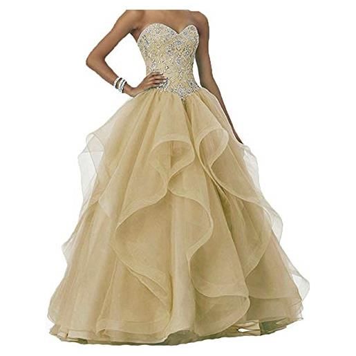 Vantexi abito da donna con perle glitterate lungo da ballo, abito da sposa con volant in organza, abiti da ballo, bianco, 48