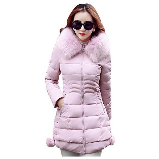 ZhuiKun donna lunga giacca collo di pelliccia cerniera imbottito spessa giubbotto con cappuccio cappotti pink xl