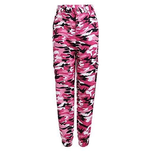 GUOCU pantaloni cargo mimetici da donna casual militare combattimento mimetica stampa loose taglie forti harem pantaloni hip hop tempo libero all'aperto sportiva pantaloni lunghi, rosa rossa, m
