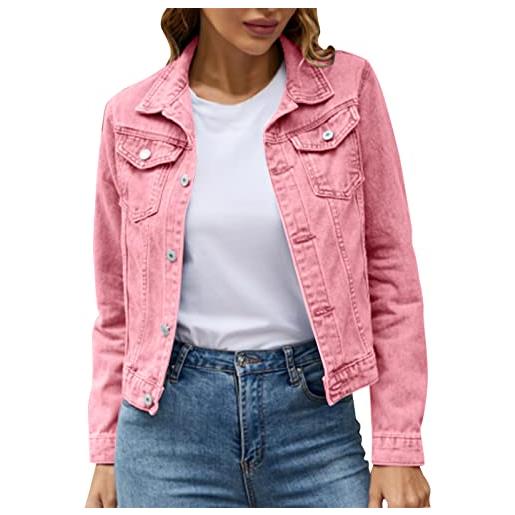 Generic giacca di jeans da donna sciancrata luminosa, basic, tinta unita, con bottoni, in cotone, con tasche, giacca di jeans, colore: rosa. , s