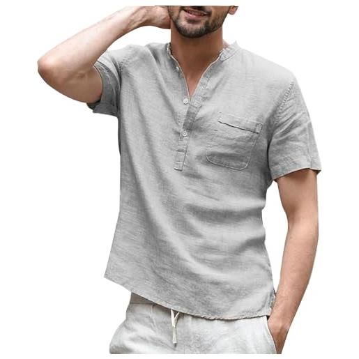 VANVENE t-shirt uomo lino puro cotone abbottonato manica corta camicia, marina militare, m