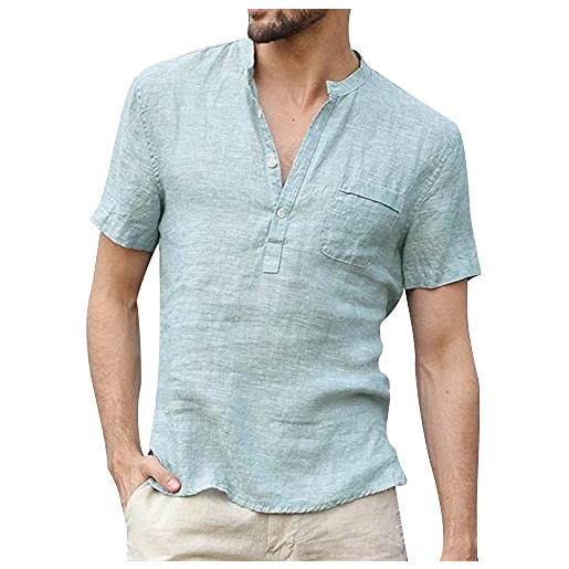 VANVENE t-shirt uomo lino puro cotone abbottonato manica corta camicia, grigio, m