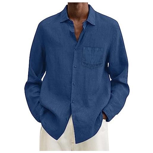 Generic camicia da uomo a maniche lunghe con colletto rovesciato da uomo in cotone e lino estivo da uomo, casual, taglie forti maglia estivo (`-blue, xxxxl)