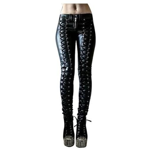 Moit leggings elastici da donna in ecopelle gotica scava fuori lacci in pu leggins leggings donna punk rock pantaloni skinny, nero , xxl