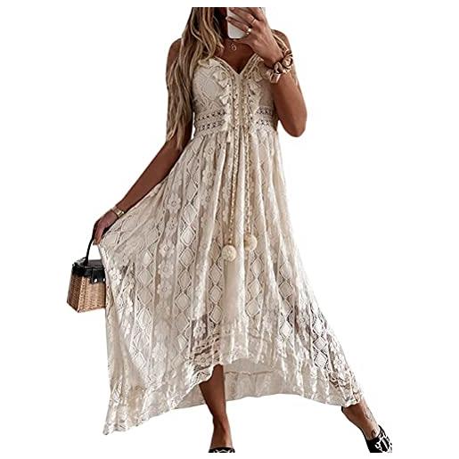tinetill abito estivo abiti da spiaggia da donna senza maniche con scollo a v abiti lunghi in pizzo estivo retrò boho vestito estivo lungo allentato elegante abito casual a trapezio