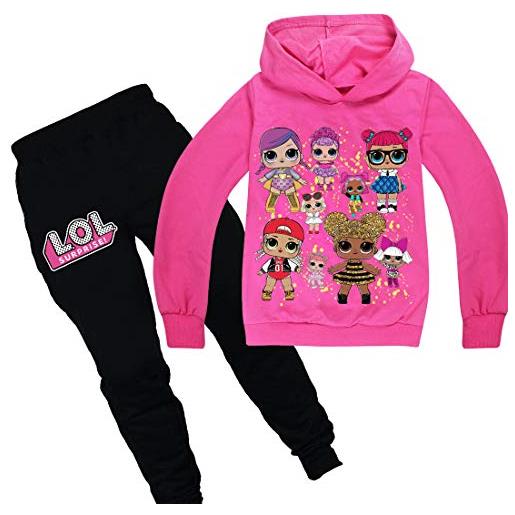 Dgfstm - set di tute con cappuccio e pantaloni per bambine, motivo: bambole grigio e nero. 9-10 anni