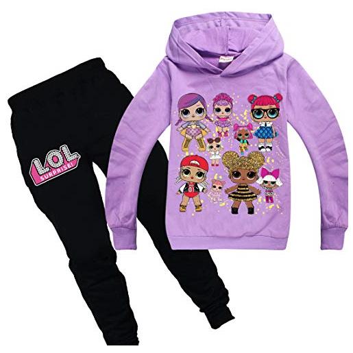Dgfstm - set di tute con cappuccio e pantaloni per bambine, motivo: bambole purple-black 4-5 anni
