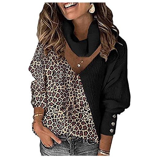 ShangSRS maglione donna scollo a v pullover abbinamento dei colori della stampa leopardata manica lunga autunnale invernali lavorato a maglia moda sciarpa sciolta ritaglio tops (2xl, nero)