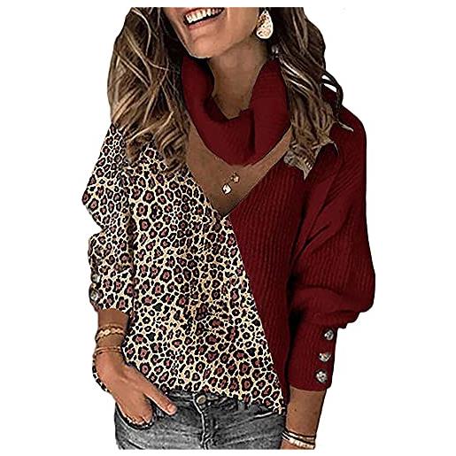 ShangSRS maglione donna scollo a v pullover abbinamento dei colori della stampa leopardata manica lunga autunnale invernali lavorato a maglia moda sciarpa sciolta ritaglio tops (l, borgogna)