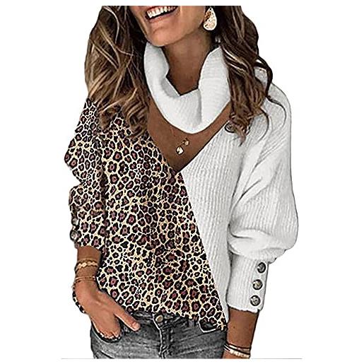 ShangSRS maglione donna scollo a v pullover abbinamento dei colori della stampa leopardata manica lunga autunnale invernali lavorato a maglia moda sciarpa sciolta ritaglio tops (l, blu)