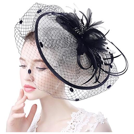 AnKoee clip del cappello di matrimonio con veli perline piuma decorazione dei capelli (nero + bianco)