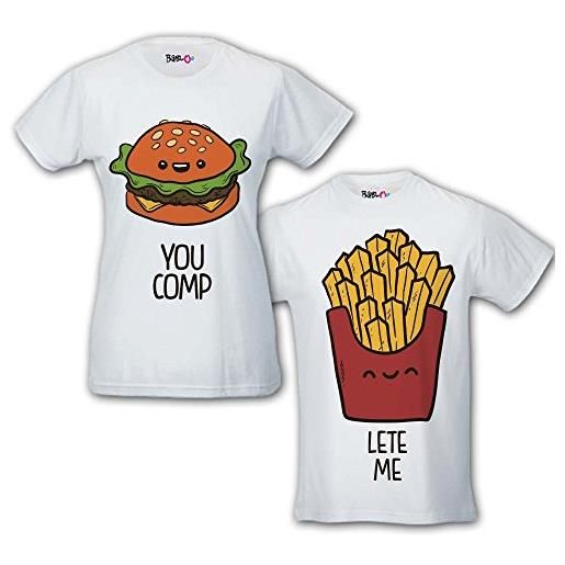 Babloo coppia di t shirt magliette you complete me fast food bianche uomo xl donna m