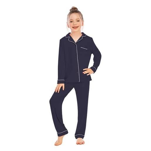 Alunsito pigiama per bambina bambino ragazzini pantaloni a maniche lunghe set di vestiti pjs abbigliamento da notte completi blu scuro 150 11-12 anni