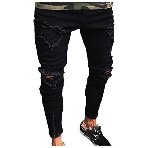 GUOCU jeans strappati rotto uomo skinny slim fit pantaloni stretch casual aderenti nero m