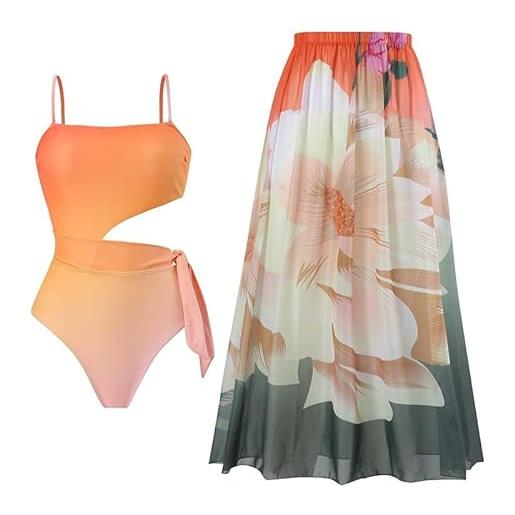 TOKYMOON costume da bagno monokini con stampa floreale vintage retrò da donna, 3 o 2 pezzi, con copertura da spiaggia, bikini -blu, l