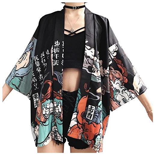 YOUMU donne giapponese cappotto in cardigan kimono yukata in stile giapponese capispalla vintage top (nero)