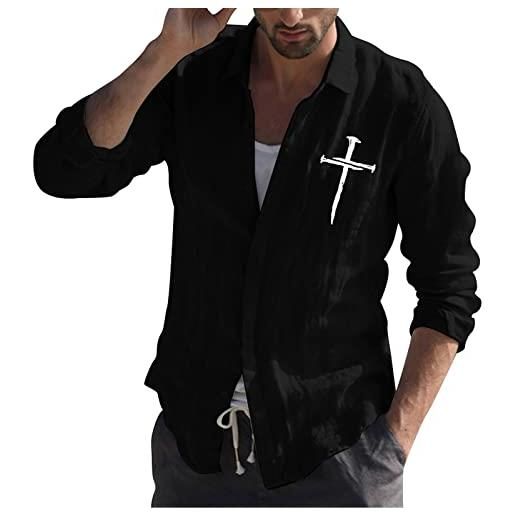 Vexiangni maglietta da uomo, casual, semplice, in cotone e lino, piccola stampata, a maniche lunghe, da uomo, nero , xl