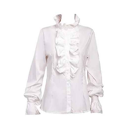 Taiduosheng camicie vittoriane vintage da donna con maniche a tromba top collo alto volant volant button down camicia camicetta, bianco, l (busto 95 cm)