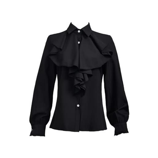 Taiduosheng camicetta da donna in stile vittoriano vintage con maniche a tromba, top con collo alto, camicetta con volant e abbottonatura, bianco 3, s