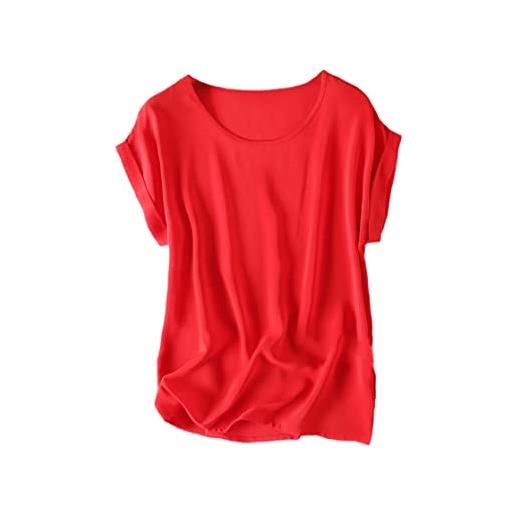 Generic 100% seta t-shirt allentato tipo top camicetta girocollo mezza maniche orlatura camicia, rosso, m