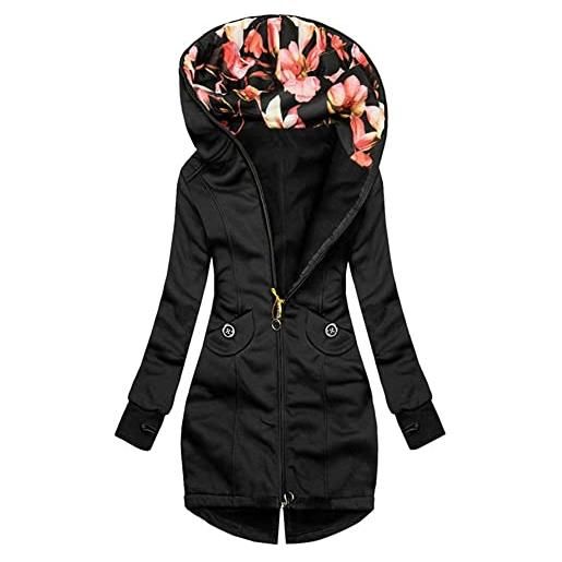 ShangSRS giacca da donna con cappuccio media lunghezza elegante cappotto da mezza stagione, con cerniera e tasche, casual, a maniche lunghe maglione con cappuccio (nero, xl)