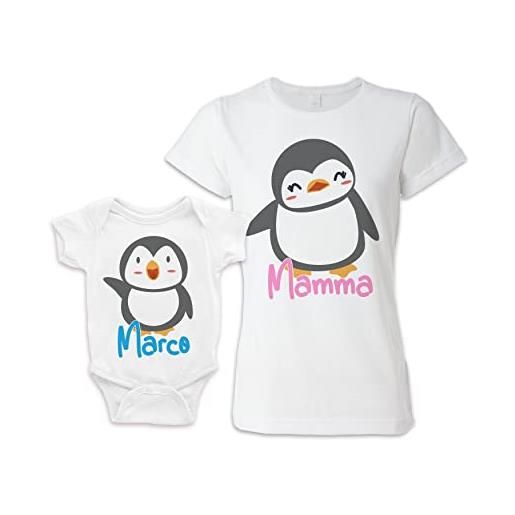 Bulabadoo coppia mamma e maschietto - body neonato e tshirt - con nome personalizzabile - pinguini - pinguino - penguins - freddo - animals - bimbo maschio - neonati - idea regalo